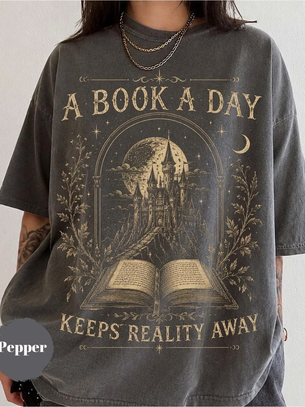 Comfort Colors Gray Graphic Tee with Vintage Book Castle Design